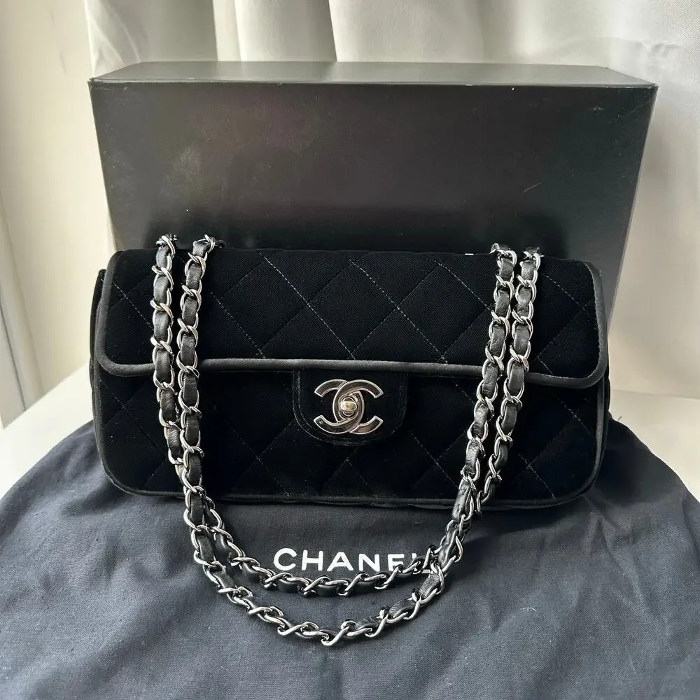Chanel Matelassé CC Black Velvet East West Baguette Flap Bag SHW 05/06
